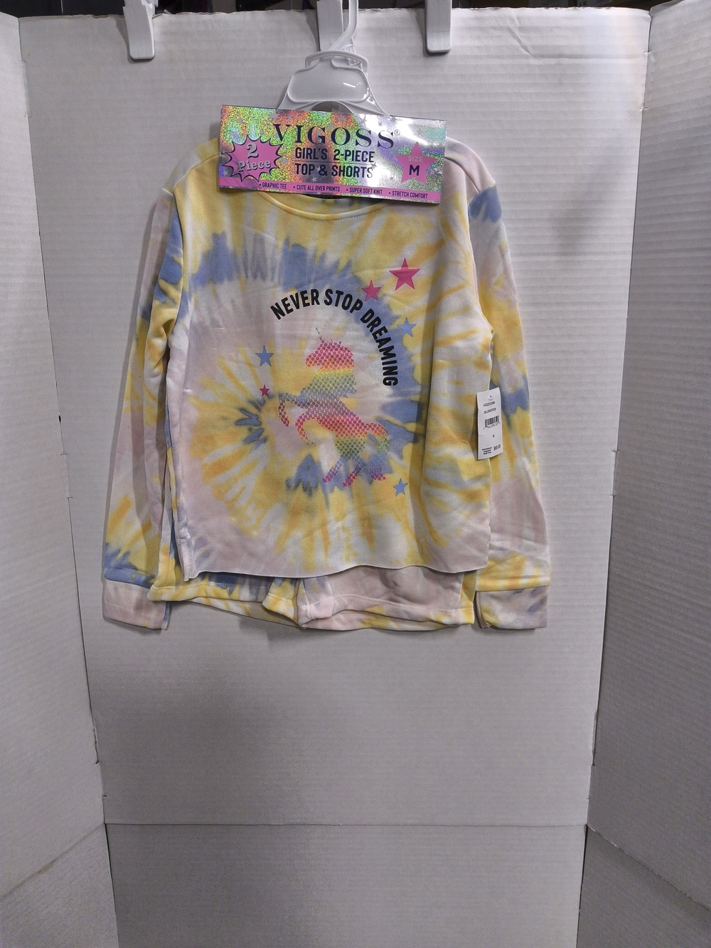 NWT Size Med Vigoss Girls Tie-Dye Unicorn Top & Shorts Set - Yellow, Blue, Pink